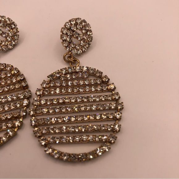 Vintage Statement Rhinestone Clear Crystal Circles Pierced Earrings Gold Tone - Picture 3 of 6